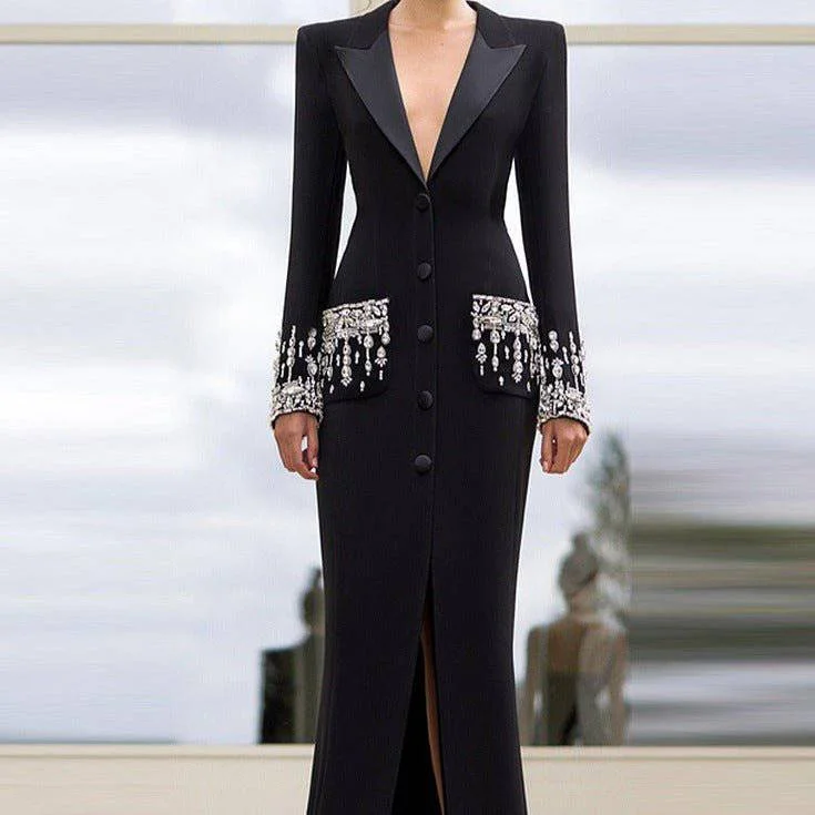 Emmylou Long Sleeve Rhinestone Embellished Blazer Maxi Dress Women's Party Jacket