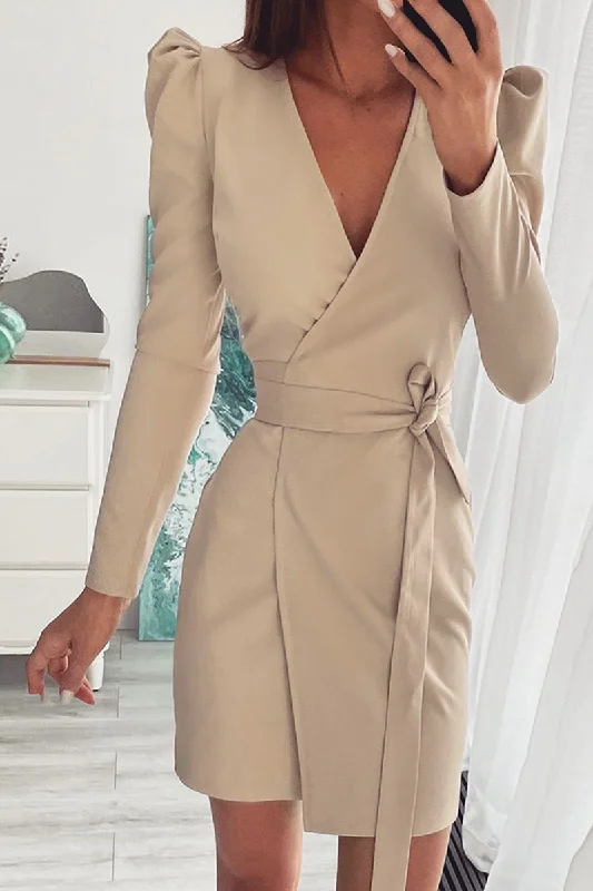 Fashion Solid Patchwork V Neck Waist Skirt Dresses Tunics Office stylish
