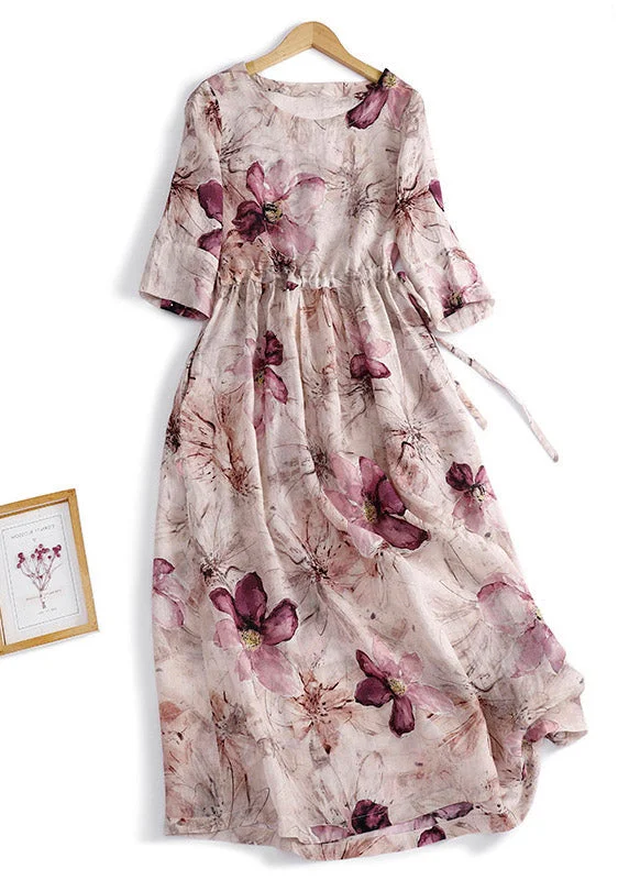 Fine O-Neck Print Wrinkled Linen Long Dress Summer Tunics Mesh breathable