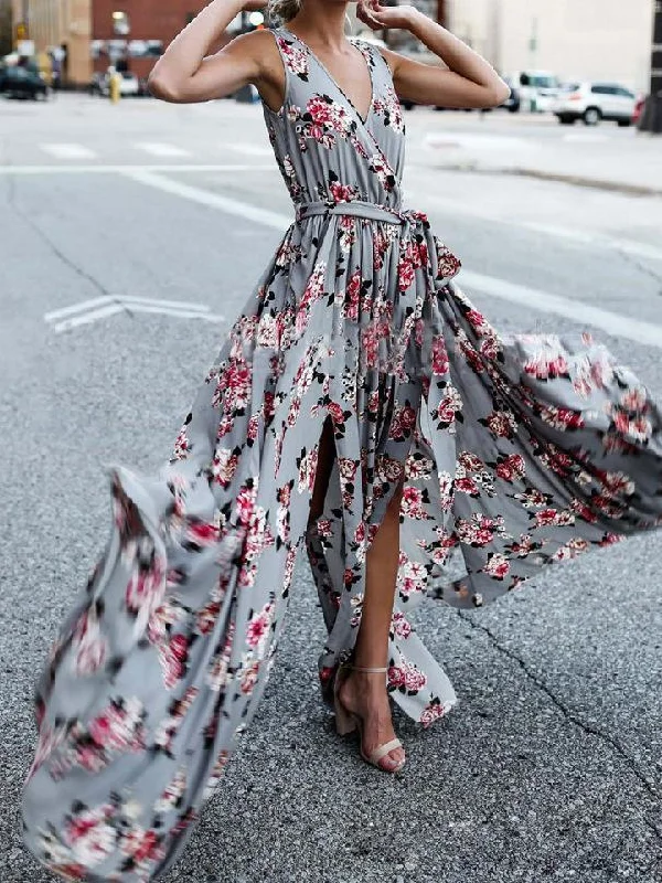 Flower V Neck Sleeveless Belted Bohemia Maxi Long Dress empire Waist empire