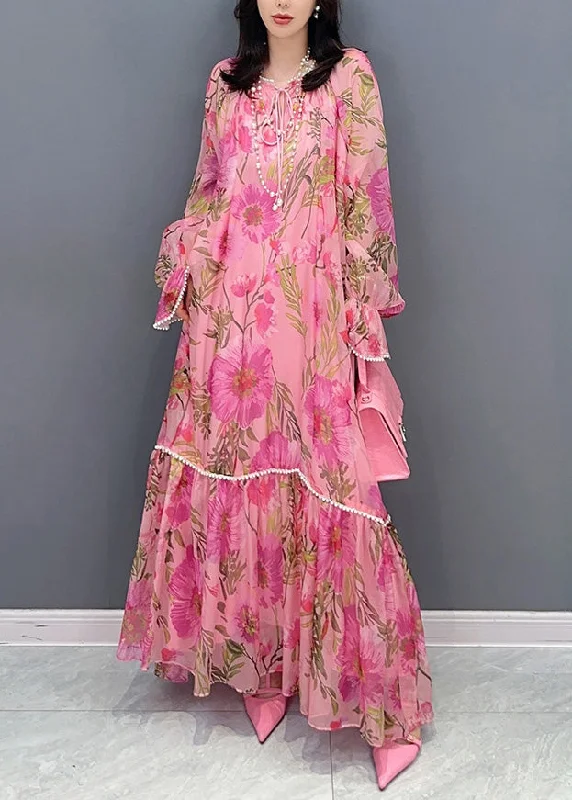French Pink O-Neck Print Nail bead Holiday Chiffon Long Dress Summer Tunics Fashionable trendy French Pink O-Neck Print Nail bead Holiday Chiffon Long Dress Summer Tunics Fashionable trendy