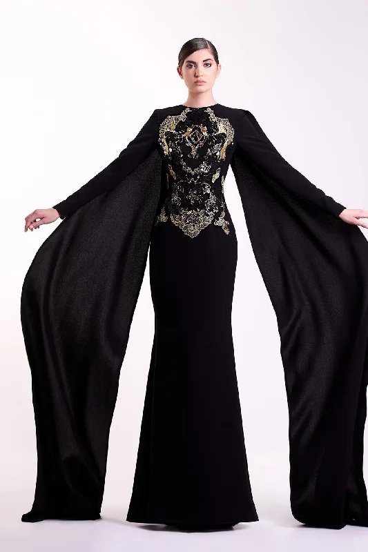 Gold lace mermaid gown with cape Tunics Travel practical