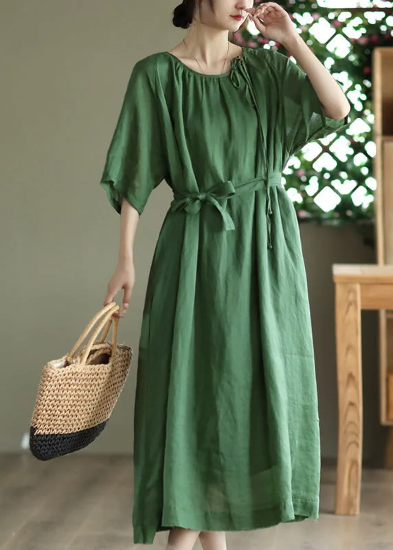 Green Tie Waist Solid Long Dress Half Sleeve Tunics Velvet soft