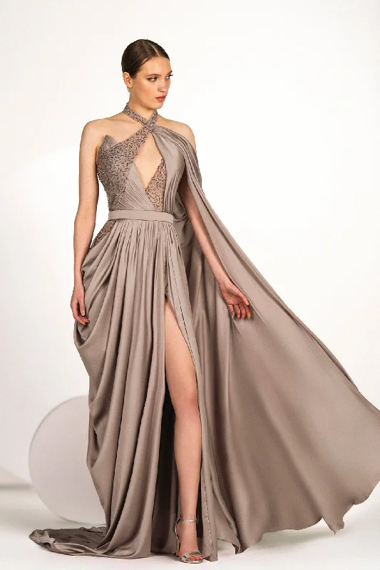Halter neck chiffon dress with cape Tunics Timeless classic
