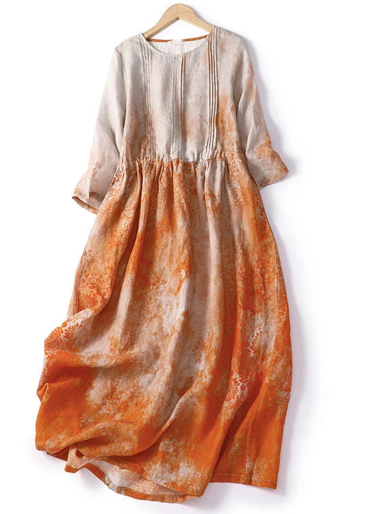 Italian Orange Print Patchwork Drawstring Linen Long Dresses Summer Tunics Modern contemporary