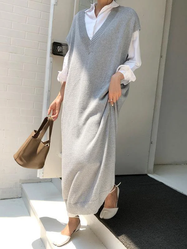 Knitting Loose V-Neck Sleeveless Long Dress Tunics Chic elegant
