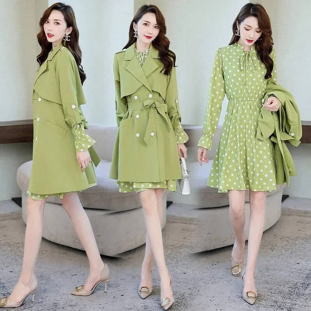 Ladies Knee Length Dress Suits for Women Office Wear Long Trench Coat & Dress 2 Two Piece Set Clothing Women Formal Dresses Suit Modern Trench Coat Design