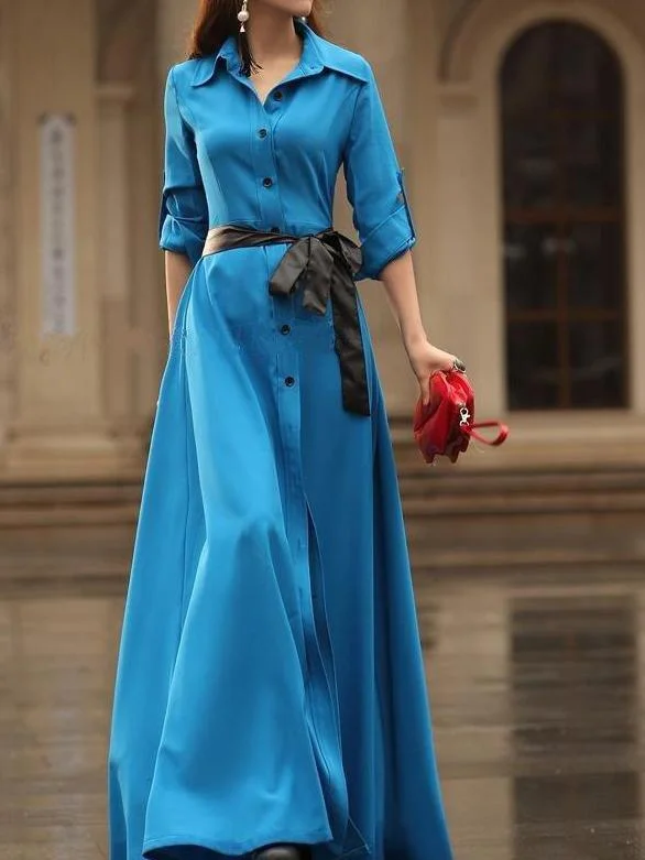 Lapel Neck Button Evening Gown Maxi Long Dress Tunics Stylish elegant