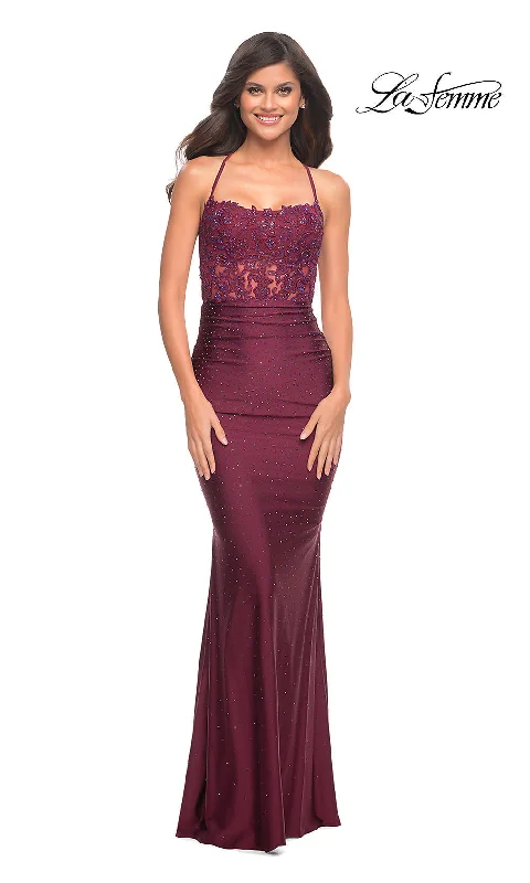 Open-Back Sheer-Waist Long La Femme Prom Dress Tunics Denim casual