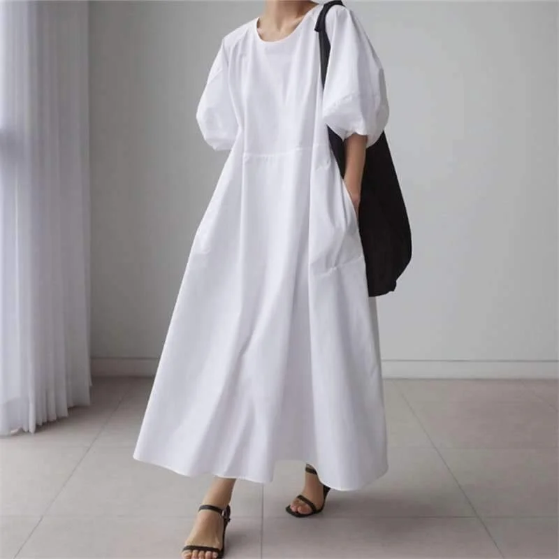 Loose Cozy Puff Sleeves Long Dresses Tunics Denim casual