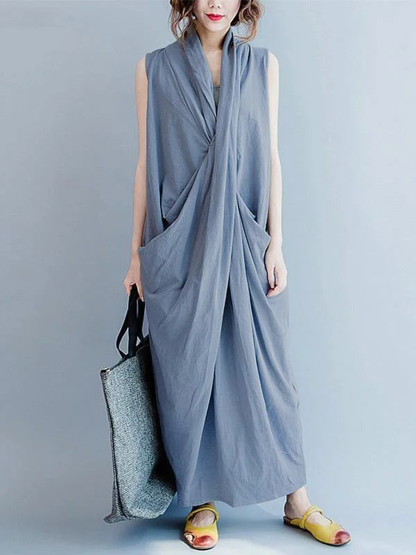 Loose Gray-blue Cropped Pockets Long Dress Tunics Luxurious high-end