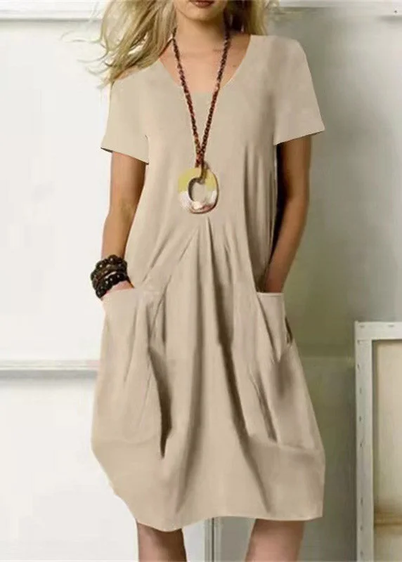 Loose Khaki O-Neck Wrinkled Solid Linen Long Dresses Short Sleeve Tunics Lace romantic Loose Khaki O-Neck Wrinkled Solid Linen Long Dresses Short Sleeve Tunics Lace romantic