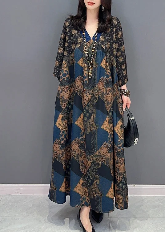 Loose V Neck Print Long Dress Summer Tunics Vintage classic