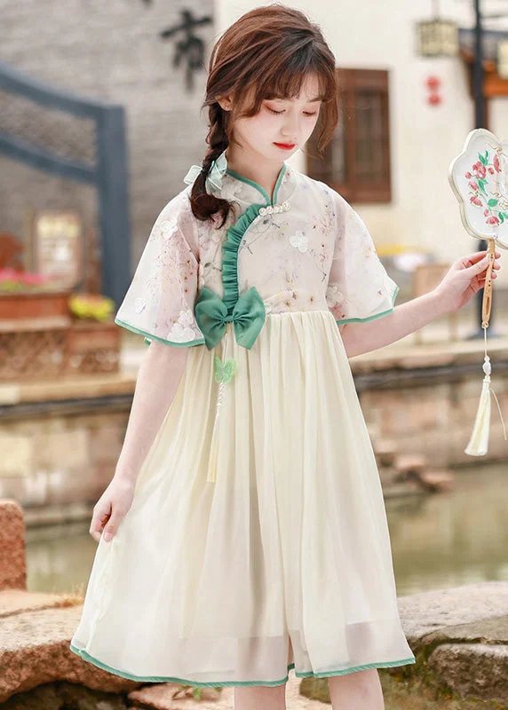 Lovely Stand Collar Ruffled Patchwork Floral Bow Tulle Kids Long Dress Short Sleeve Tunics stripes playful