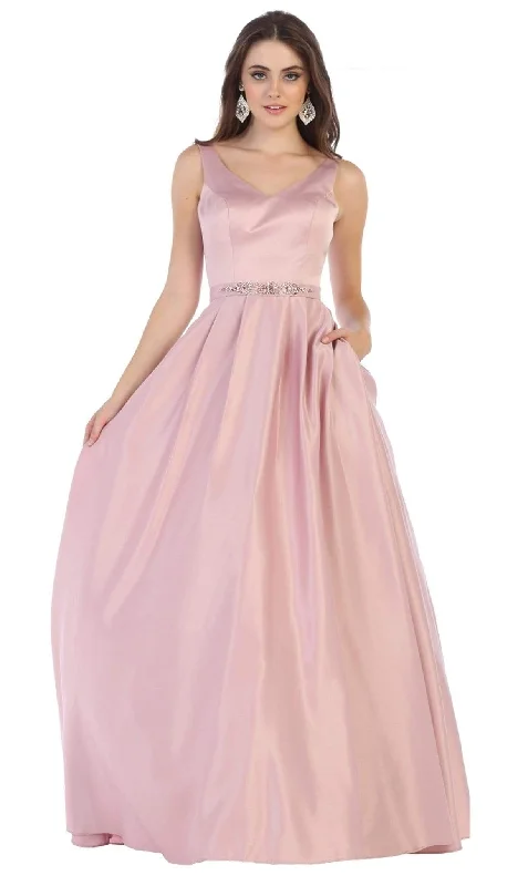 May Queen - MQ1595 Sleek V-Neck Adorned Waist A-Line Gown Tunics Top rated