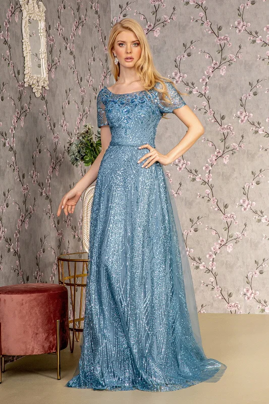 Metallic Bead Mesh A-line Waist Band Long Drape Long Mother Of The Bride Dress GLGL3493 Floral Print girly