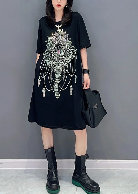 Modern Black O-Neck Print Long Dress Short Sleeve Tunics Occasion special