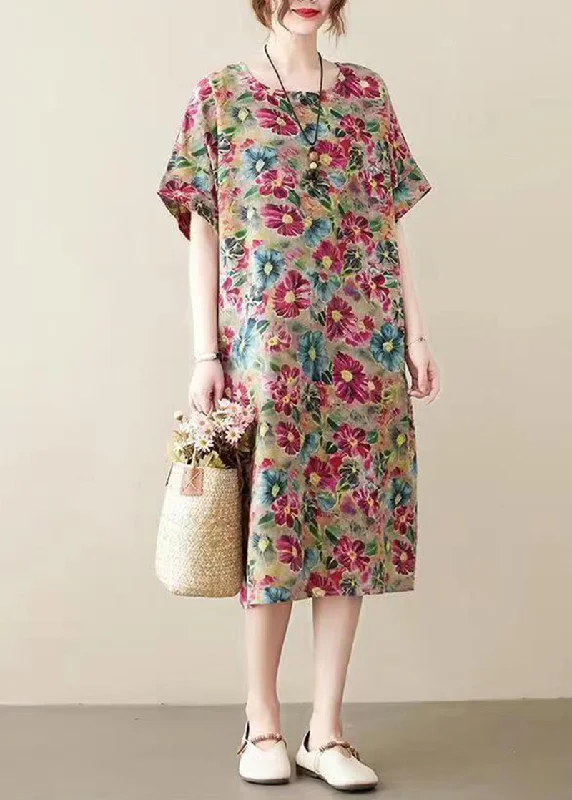 Modern Khaki O-Neck Print Cotton Long Dress Summer Tunics Long Elegant