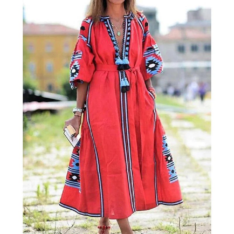 New Women Bohemia Print Long Dresses Tunics Prom sequined