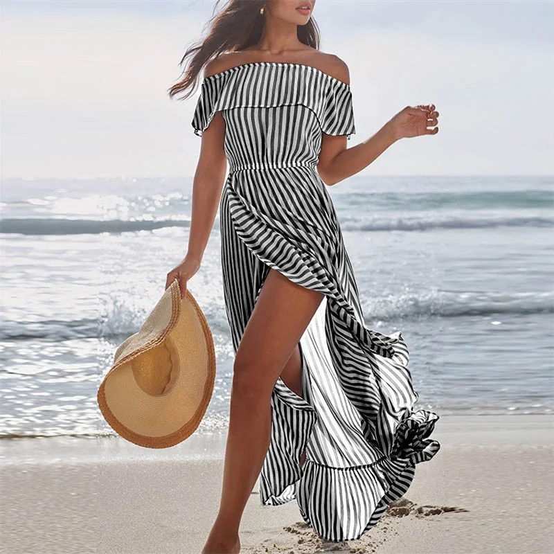 Off The Shoudler Striped Irregular Long Dresses Tunics Luxurious high-end