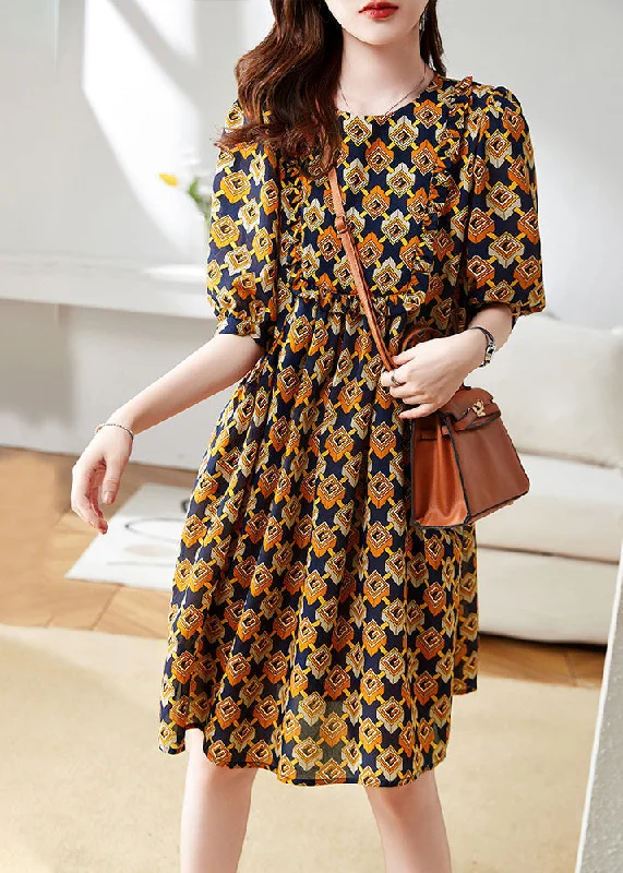 Orange Patchwork Ruffled Long Dress Short Sleeve Tunics Silk luxurious