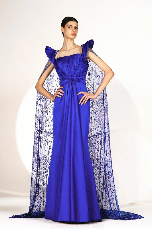 Pleated satin gown with embroidered cape Tunics Custom made