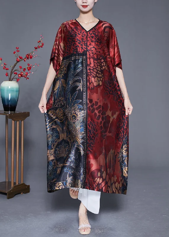 Plus Size Mulberry V Neck Print Silk Long Dress Summer Tunics Distressed trendy
