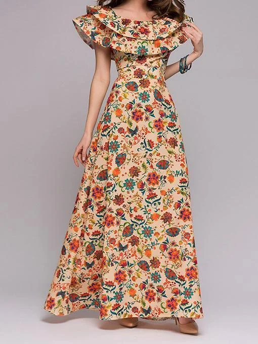 Retro Flower Print Lutos Leaf Long Dress Tunics Corduroy durable