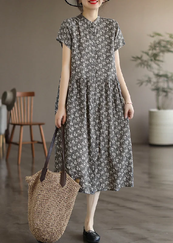 Retro Grey Stand Collar Print Long Dresses Summer Tunics Bridal satin