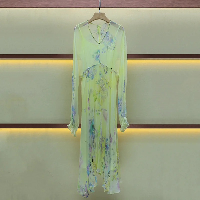 Rhinestone V-Neck High Waist Long Dress Tunics Evening elegant