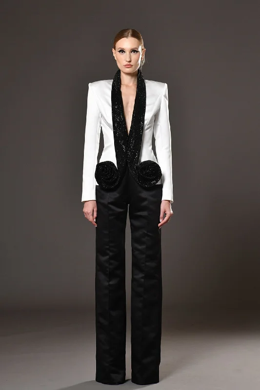 Satin blazer with crystal chainmill and pants Women's Handmade Blazer
