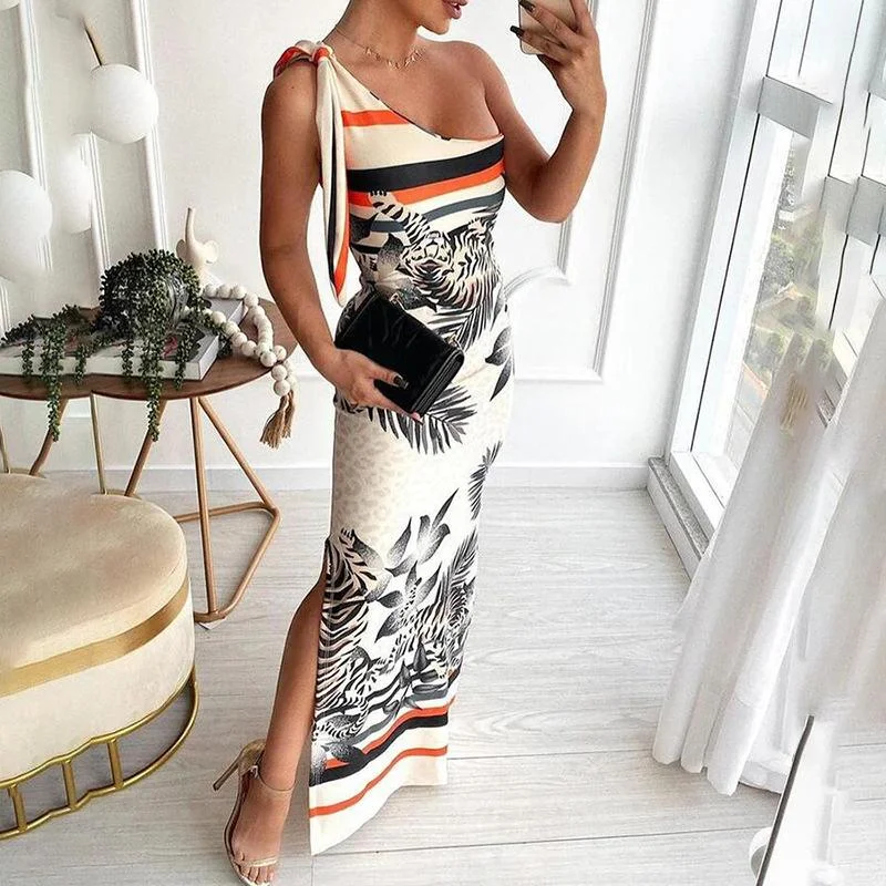 Sexy One Shoulder Irregular Strapless Long Dresses Tunics Versatile functional