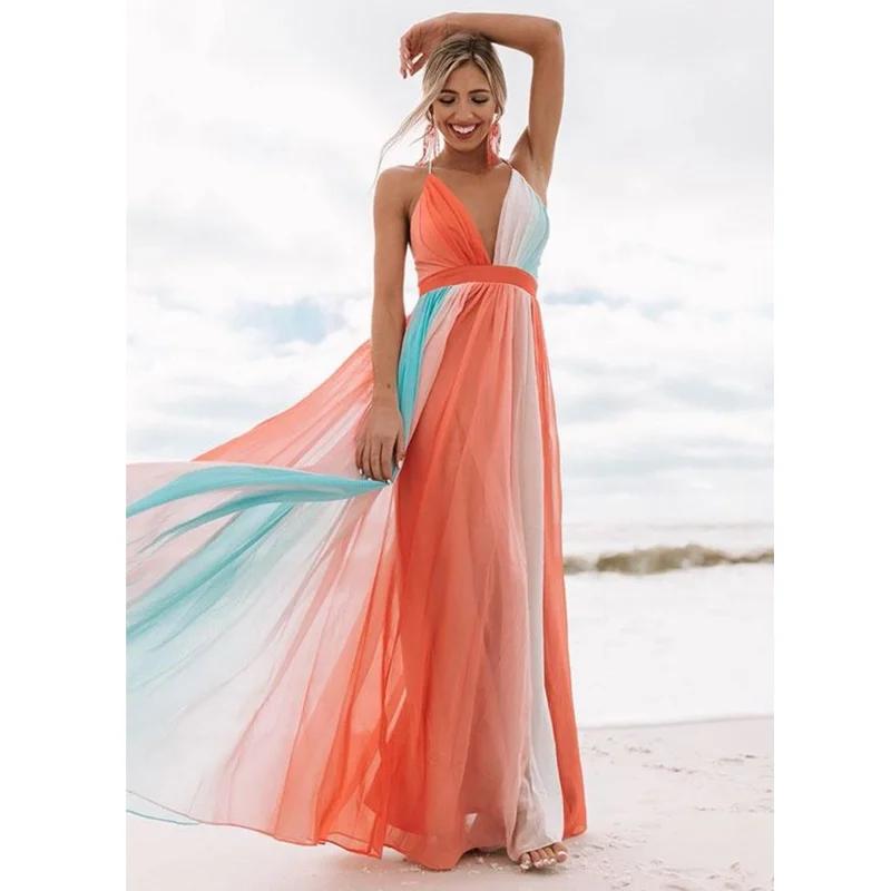 Sexy Rainbow Colors Tulle Long Dresses Turtleneck Neckline Stylish
