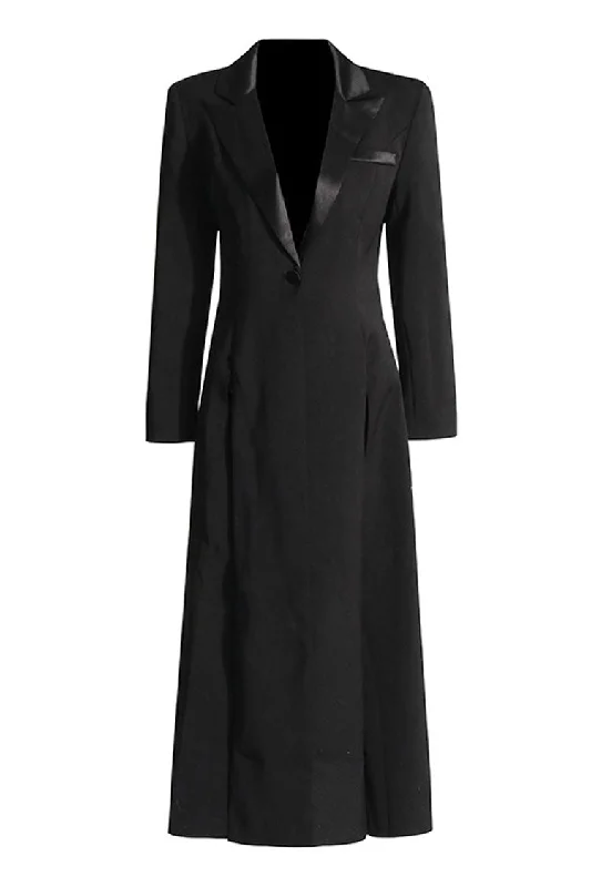 Silky Satin Lapel Strong Shoulder One Button High Split Tailored Blazer Maxi Dress Women's Adventure Blazer