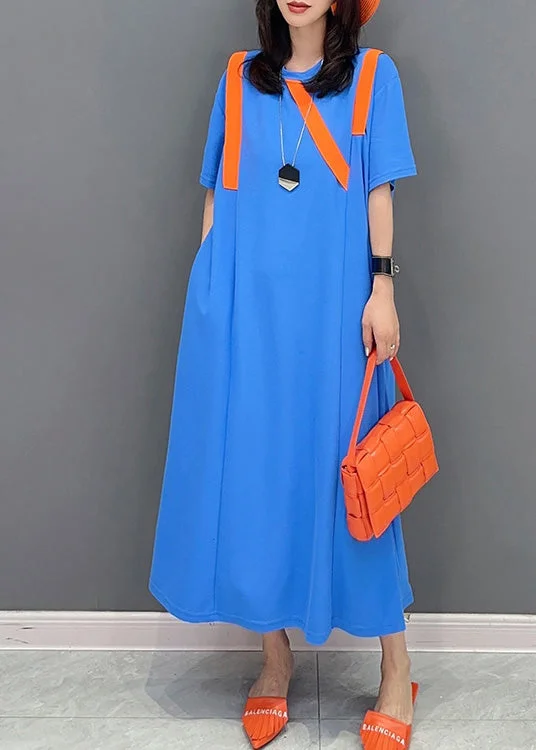 Simple Blue O-Neck Patchwork Long Dresses Short Sleeve Tunic Top Casual