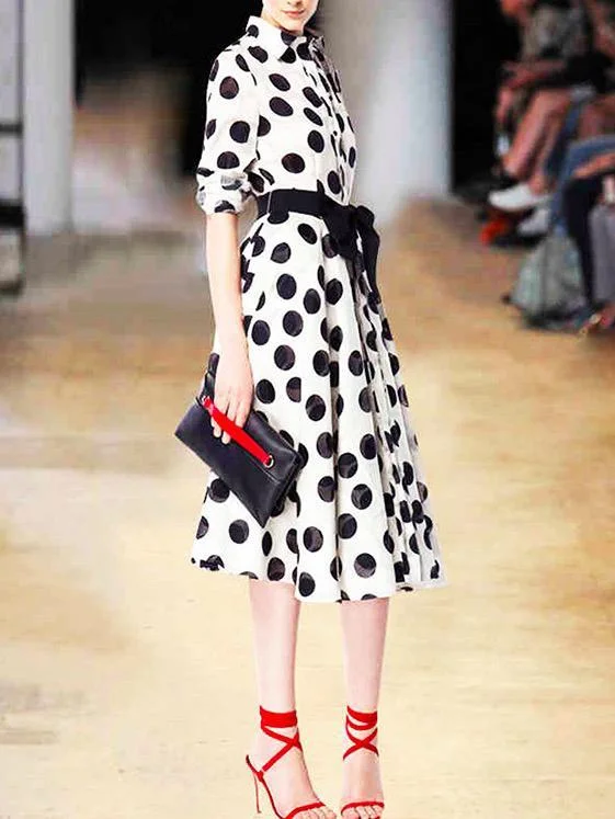 Slim Black And White Dot Long Dress With Big Swing Tunics Stylish elegant