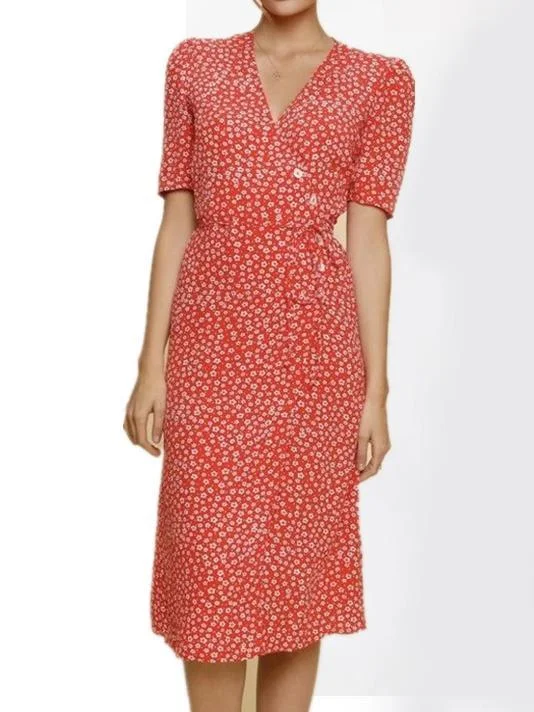 STAR PRINTING V-NECK BUTTON LONG DRESS Cowl Neckline Elegant