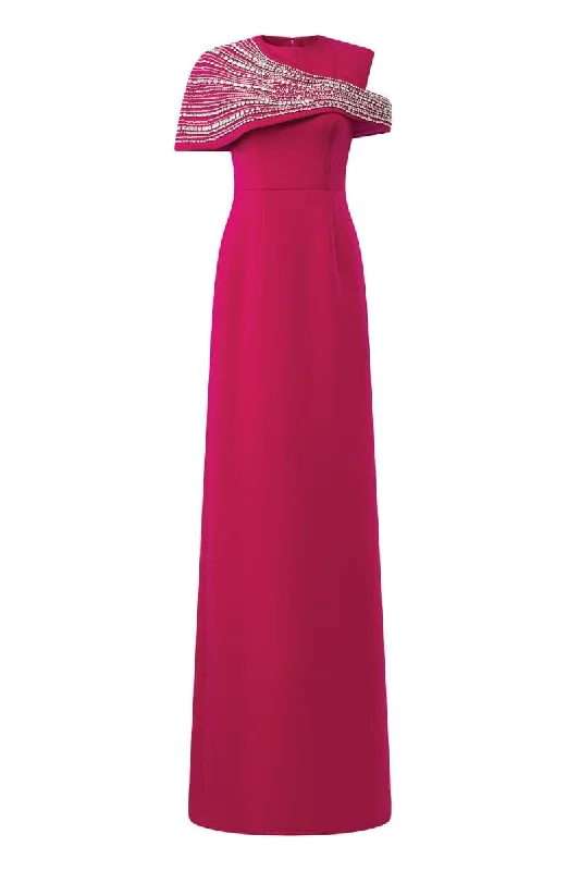 STONE EMBELLISHED ASYMMETRIC CAPE GOWN Elegant Long Evening