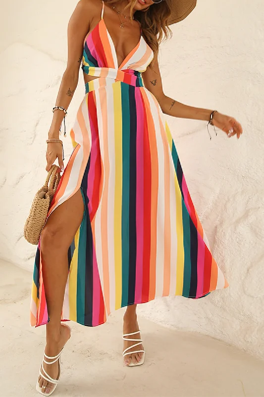 Street Striped Patchwork Spaghetti Strap Waist Skirt Dresses Tunics Sophisticated sleek