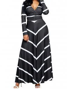 Stripe V Neck Long Sleeve High Waist Maxi Long Dress Tunics Velvet soft