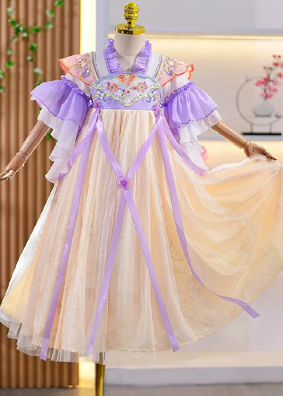 Style Purple Ruffled Embroideried Floral Patchwork Kids Girls Long Dresses Summer sweetheart Neckline Romantic Style Purple Ruffled Embroideried Floral Patchwork Kids Girls Long Dresses Summer sweetheart Neckline Romantic