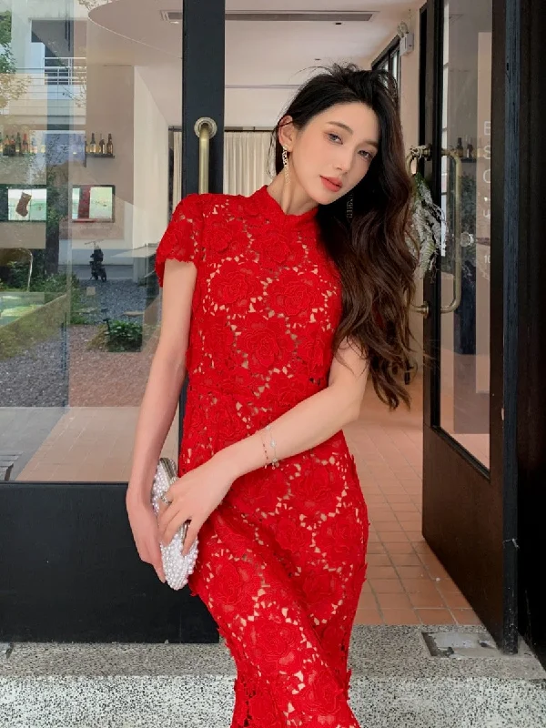 Three-dimensional heavy lace fishtail long dress Floral Print girly
