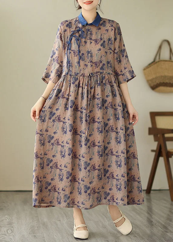 Unique Blue Peter Pan Collar Print Drawstring Button Linen Long Dresses Short Sleeve Tunics Satin smooth Unique Blue Peter Pan Collar Print Drawstring Button Linen Long Dresses Short Sleeve Tunics Satin smooth