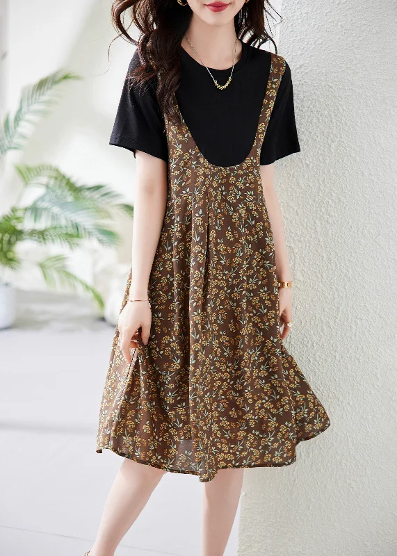 Unique Coffee O-Neck Patchwork Chiffon Long Dress Summer Tunics Cozy comfortable