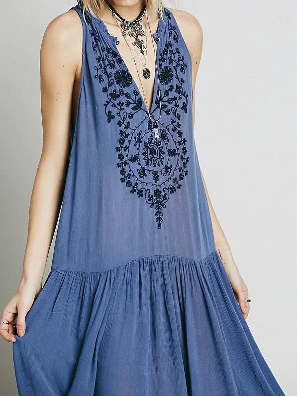 V-NECK EMBROIDERY SLEEVELESS LONG DRESS Tunics Trousers formal