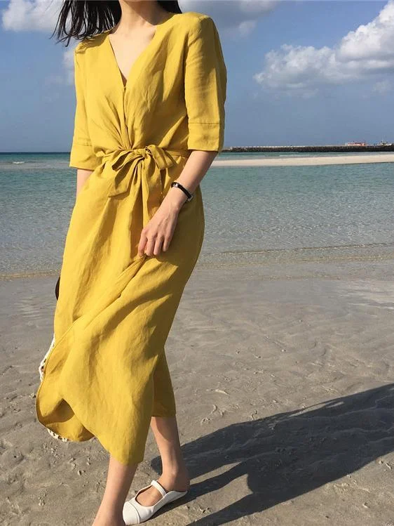 V-NECK HIGH-WAIST LINEN LONG DRESS Tunics Satin smooth