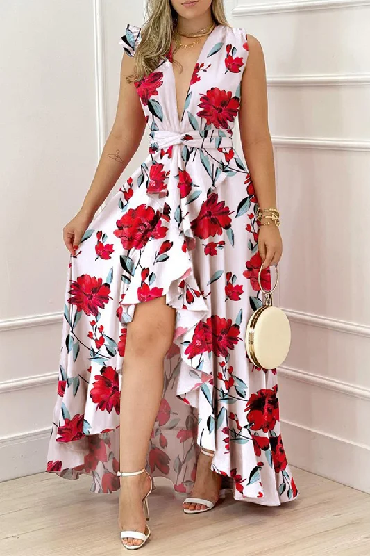 Vacation Print Flounce V Neck Waist Skirt Dresses(4 colors) Square Neckline Feminine Vacation Print Flounce V Neck Waist Skirt Dresses(4 colors) Square Neckline Feminine