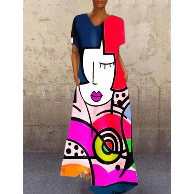 Vintage Face Cat Colorful Print Long Dresses for Women Tunics Short Trendy