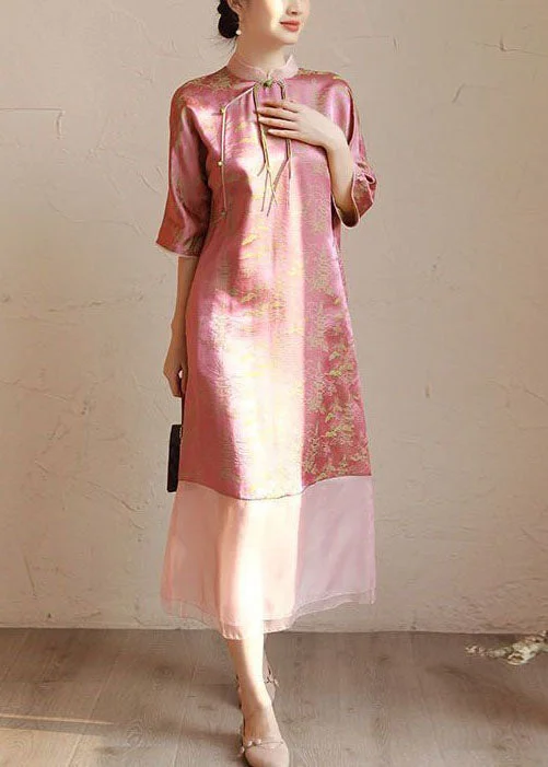 Vintage Pink Stand Collar Tasseled Print Patchwork Silk Long Dress Summer Tunics Evening elegant