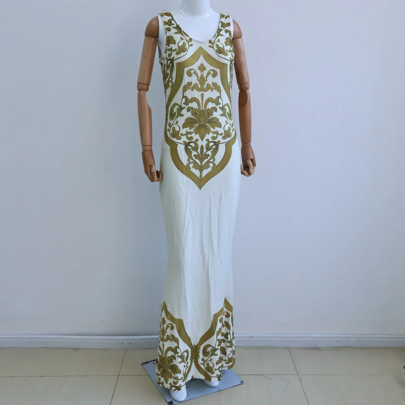 Waist print backless  dress Shift Classic Vintage